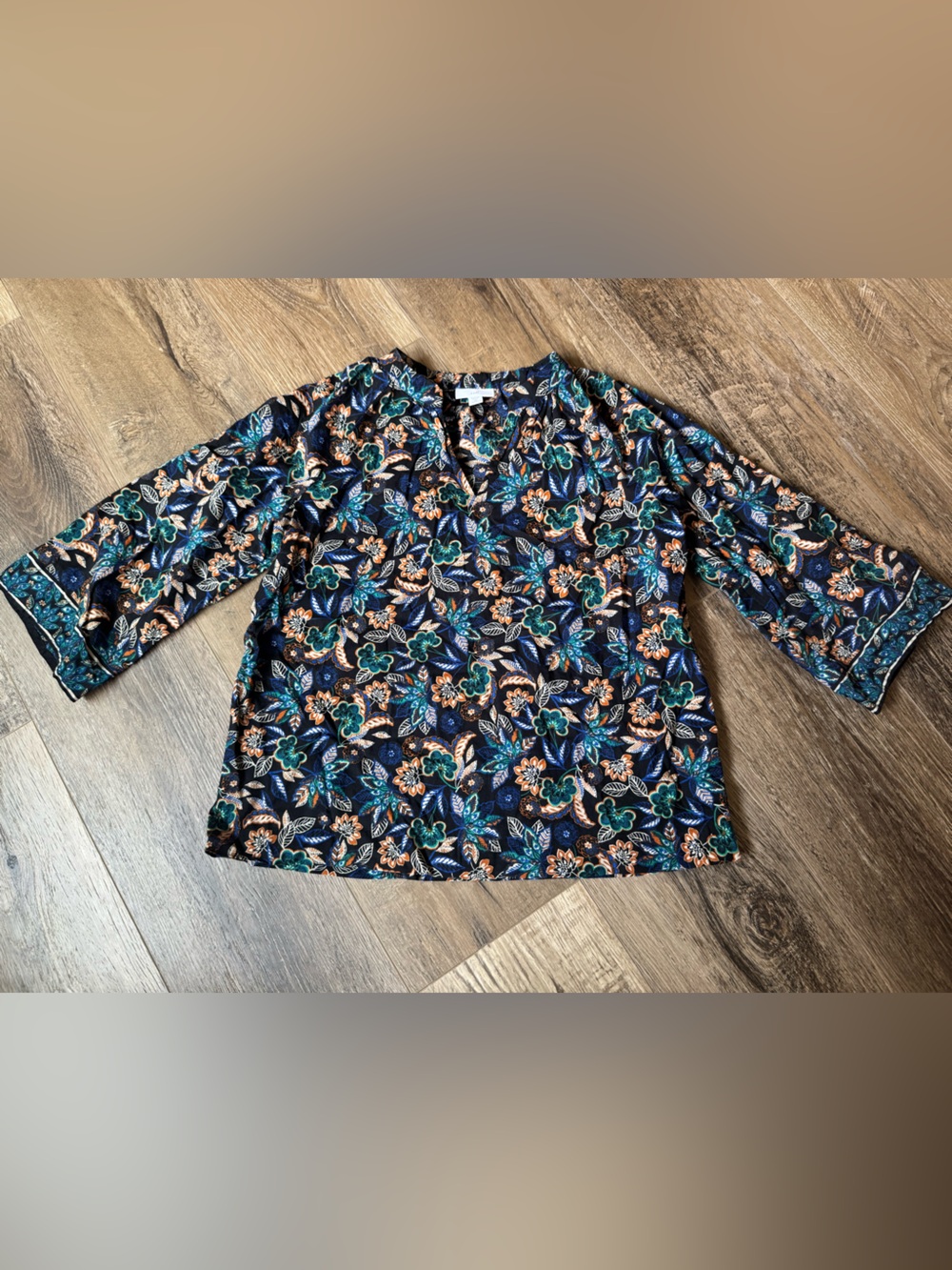 J. Jill Navy Floral V-Neck Blouse with Teal and Rust Accents